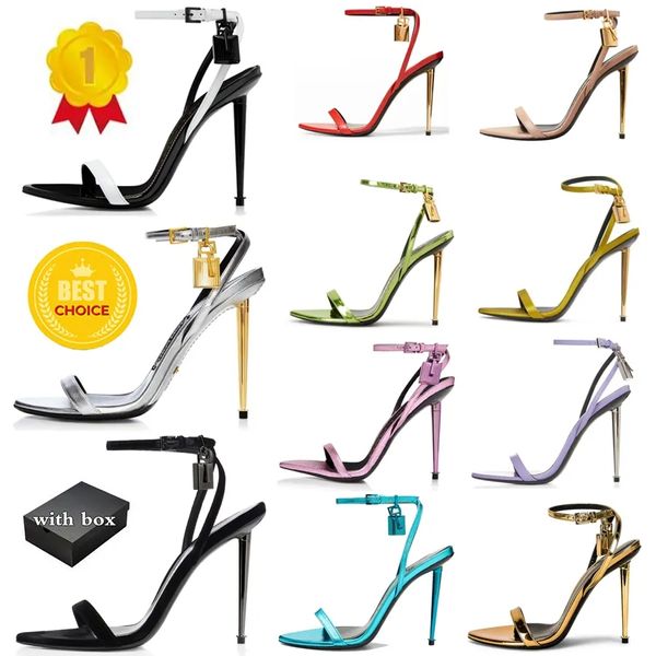 Luxo Moda Marca Mulher Sandália Sapatos Rainha Cadeado Sandálias De Couro Metálico Dedo Do Pé Pontudo Sandálias De Salto Alto De Designer De Luxo Salto Alto Eu 35-43