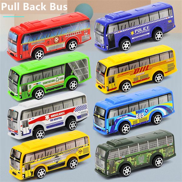 Diecast Model car 8PCSSet Simulation Bus Toys Pull Back Transportation Dolls Kids Children Plastic Random Bus Model Educational Toy Puzzle Gifts 230621