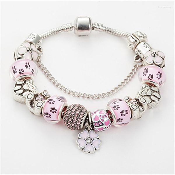 Charm Bracelets 2023 Moda Banhado a Prata Cor Pingente Flor Bonito Pand Pulseira Com Rosa Chamilia Beads Para Mulheres Raym22