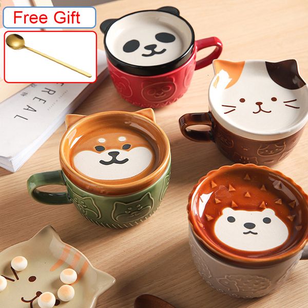 Bicchieri Ceramica Cute Cat Cup Shiba Inu Tazze di caffè Tazza con coperchio Regalo di personalità Cartone animato per la casa Kawaii Bambini Colazione Tazze di latte d'avena 230621