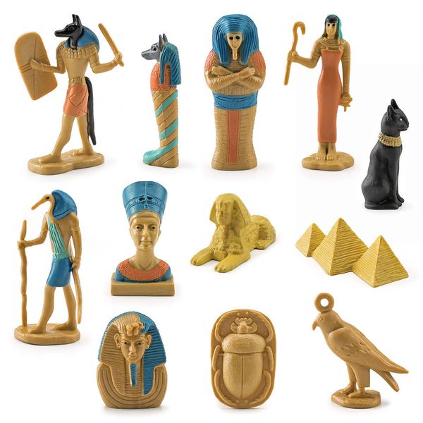 Objetos decorativos Estatuetas 12PCS Simulação Antigo Egito Modelo Ornamentos Miniatura Deuses Egípcios e Deusas Estatueta Conjunto Anubis Esfinge Pirâmides Brinquedo 230621