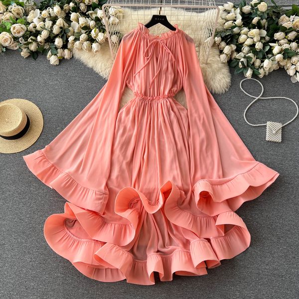 Casual Kleider Rüschen Maxi Kleid Frauen Sommer Solide V-ausschnitt Elegante Retro Langarm Damen Mode 2023 Party A Linie kleider