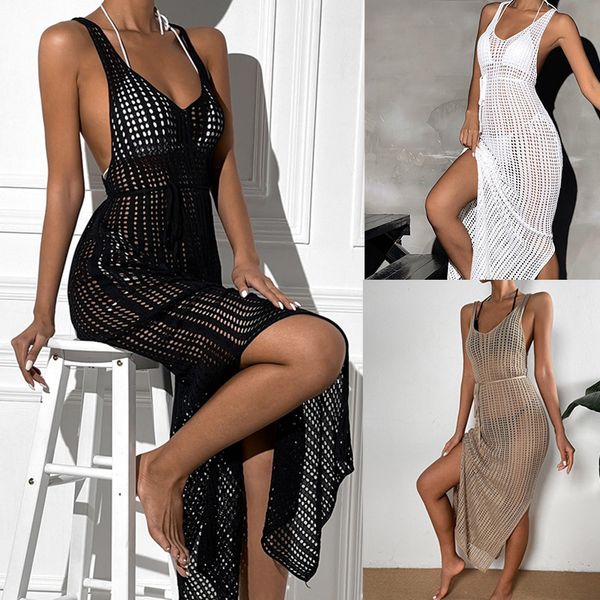 Sexy High Slit Knitted Dress Halter Backless Deep V Neck Crochet Cover Up Vestidos Sin mangas Hollow Out Crocheted Beach