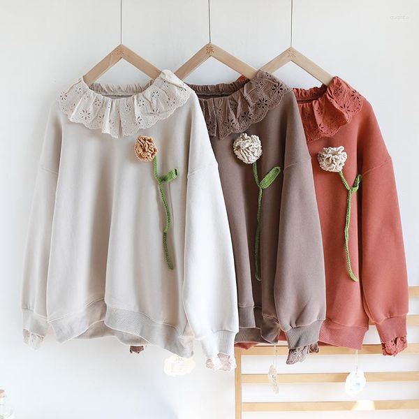 Moletons Femininos Primavera Outono Feminino Sweet Mori Kei Flower Crochet Solto Oversized Coffee Gola Lacy Confortáveis Moletons de Algodão Fleeced