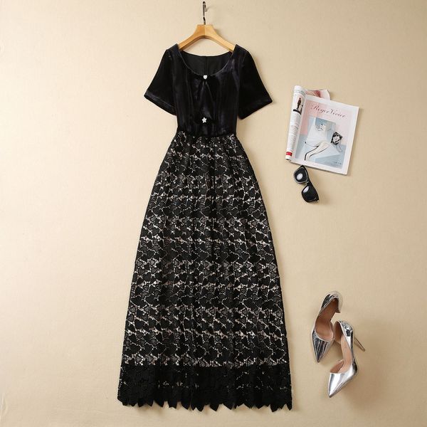 2023 Verão Preto Cor Sólida Vestido com Laço e Renda Manga Curta Decote Canoa Longo Maxi Vestidos Casuais S3L220621