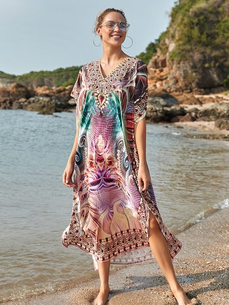 Kaftans para mulheres saídas de praia estampadas indianas folclóricas maxi vestidos manga curta pareo maiô capa maiôs