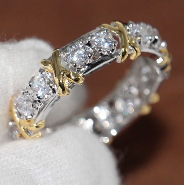 Alianças de casamento por atacado profissional Eternity Diamonique CZ diamante simulado 10KT ouro branco amarelo banda cheia de banda cruzada design de fluxo de maré 785ess