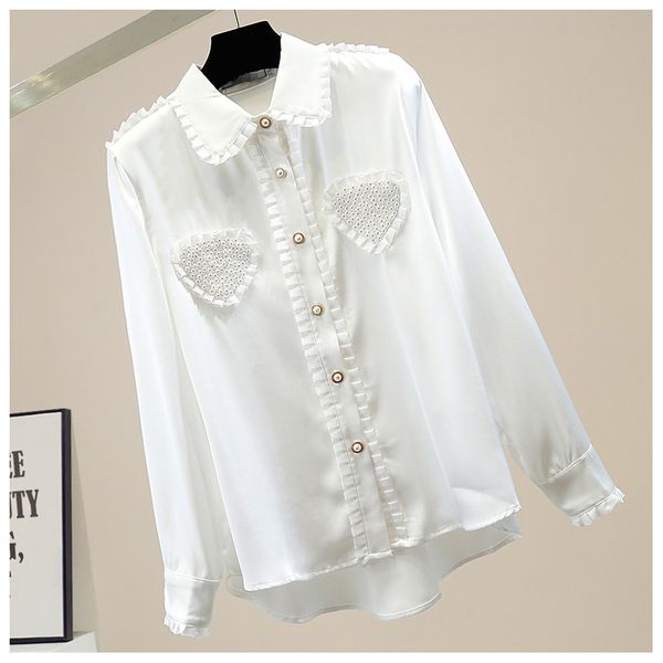 Blusas femininas amor coração pérolas babados patchwork blusa branca outono coreano camisa feminina elegante manga longa cetim tops 2023