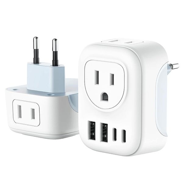 Adaptador de plugue de viagem europeu com 2 tomadas AC 2 portas USB (2 USB C) Tipo C Travel Essentials para EUA para a maioria da Europa França Alemanha Itália Espanha