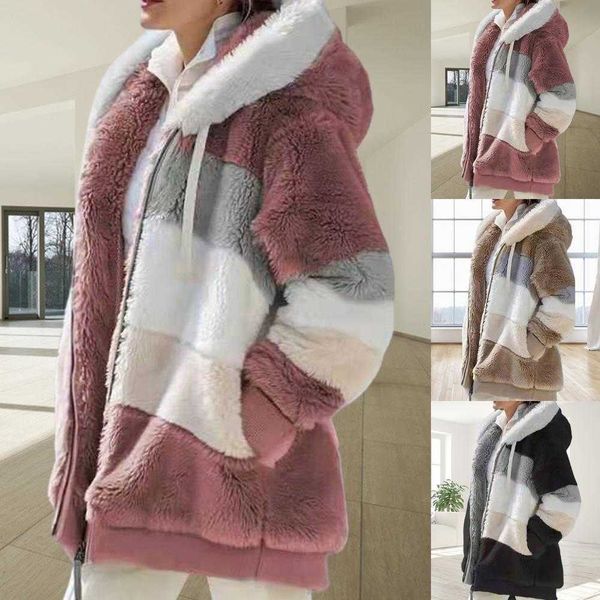 Giacca da donna in ecopelle in pelle da donna 2023 Nuova primavera autunno inverno caldo peluche tasca con cerniera Street Fashion cappotto da donna allentato con cappuccio Dropshipping