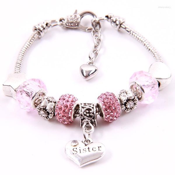 Braccialetti con ciondoli Cuore Sorella Catena Perline di cristallo rosa Bracciale con stella Braccialetti Donna Ragazze Gioielli di Natale Regalo di compleanno Melv22