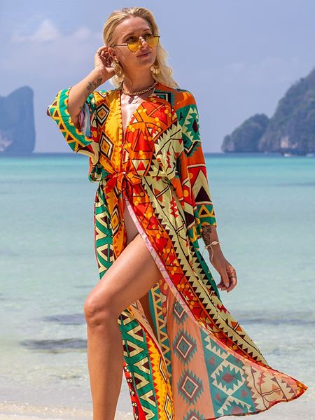 Fato de banho quimono estampado para encobrir o mar boho longo luxo saídas de praia roupa de banho com cinto capa de banho trajes de banho