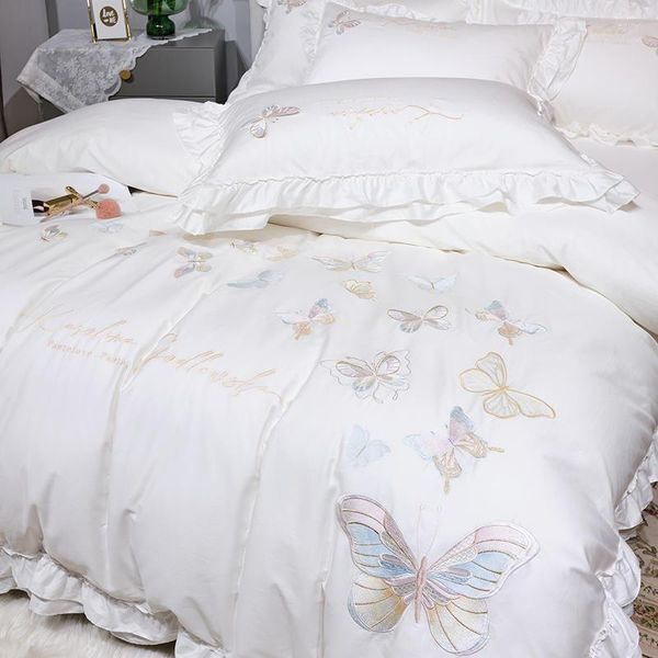 Постилочные наборы для вышитых бабочек белый набор роскошной египетская хлопковая принцесса Свадебная одеяла/одеяло для покрытия.