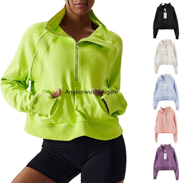 LL Pullover mit halbem Reißverschluss und Stehkragen für Damen, Sportbekleidung, winddicht und warm, zum Laufen im Freien, lockere Baumwolljacke, langärmelig, hell aussehender Fitness-Yoga-Anzug