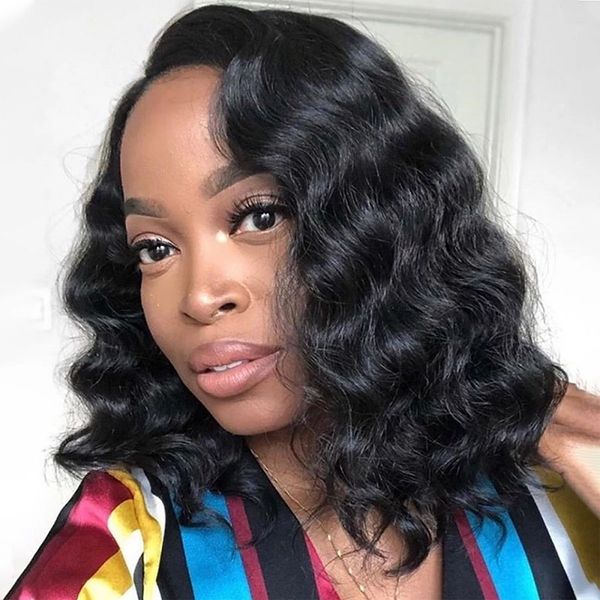 Loose Deep Wave Lace Frontal Wig Curto Bob Perucas de cabelo humano Density Deep Curly Remy brasileiro Pré-arrancado Perucas sem cola