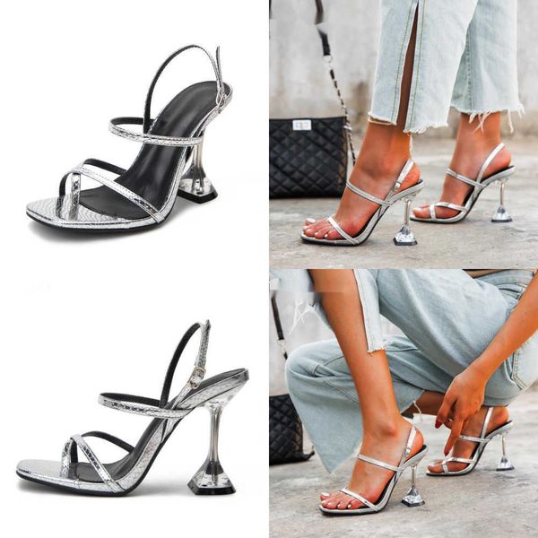 Sandálias de verão novo design prata cobra grão transparente perspex cristal salto alto feminino sexy peep toe sapato fivela tira no tornozelo 230511