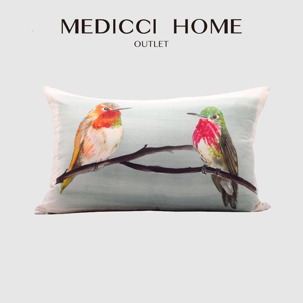 Fronha Medicci Home 100% Real Mulberry Seda Almofada Lombar Pássaros Azuis Pintada à Mão Artística Oriental Luxo Capas de Almofada 35x53cm 230621