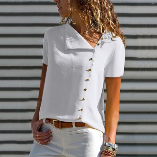 Camisetas femininas para mulheres de verão camisetas casuais de manga curta estampadas de cor sólida assimétrica com botões no pescoço elegantes blusas femininas vintage