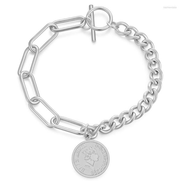 Braccialetti a maglie Catena Elisabetta Bracciale a moneta Braccialetti in acciaio inossidabile Chiusura a levetta Cinturino per donna Ragazza Gioielli di moda Raym22