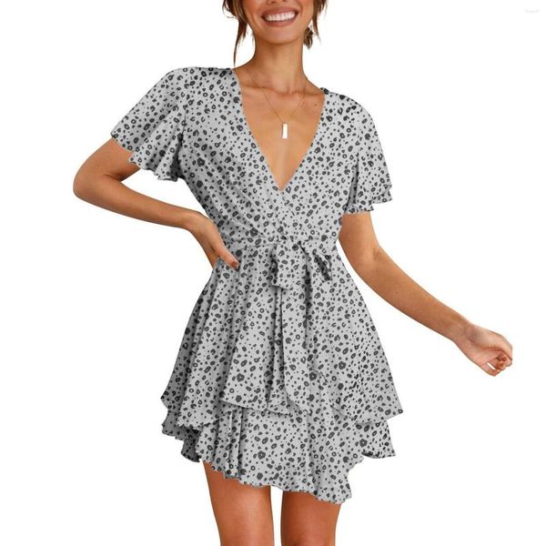 Vestidos casuais moda verão feminino babados vestido de verão linha A 2023 estampado leopardo manga bufante nó profundo decote em V vestido feminino vestidos