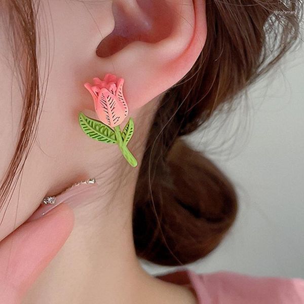 Orecchini a bottone 2023 Summer Tulip Flower For Women Sweet Cute Silver Needle Earring Girls Ear Jewelry Regalo di amicizia all'ingrosso