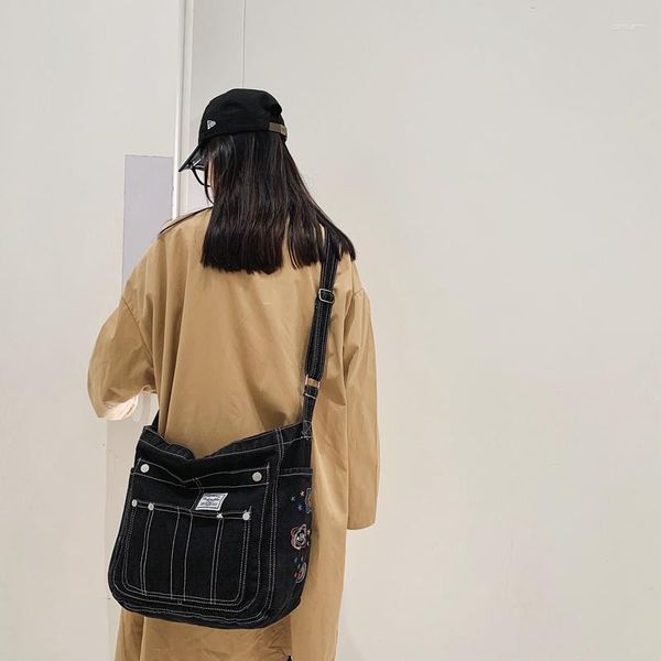 Akşam çantaları y2k denim kadın çanta siyah kot pantolon çapraz çok cepler eko Kore messenger okulu kitap çanta fermuar