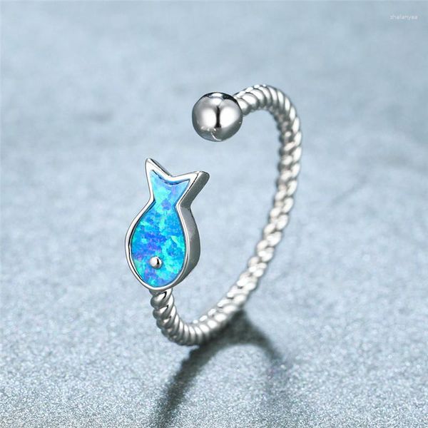 Fedi nuziali Anello di fidanzamento con pesce piccolo da sposa carino Moda femminile Bianco Blu Opale Apertura Colore argento vintage per le donne