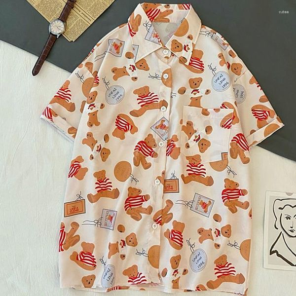 Camicette da donna Cardigan Cartoon Bear Full Print Camicie casual Camicia estiva da uomo a maniche corte Camicetta da spiaggia hawaiana da donna Divertente carino Harajuku