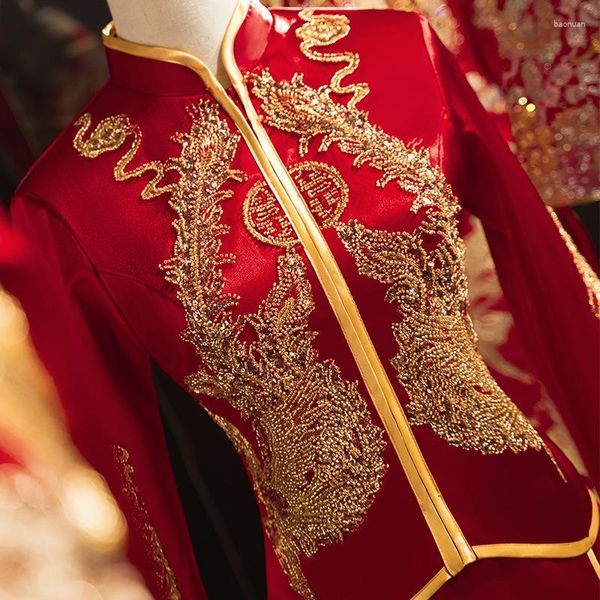 Roupas Étnicas Estilo Chinês Phoenix Bordado Tradicional Cheongsam Vintage Formal Lantejoulas Contas Qipao Mulheres Homem Oriental Vestido de Noiva