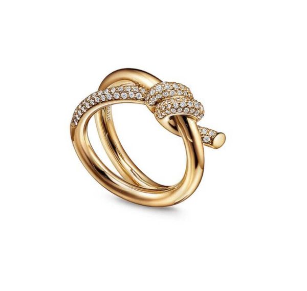 Anéis de banda, anel de designer, nó de corda, luxo, com diamantes, anéis de moda para mulheres, joias clássicas, banhado a ouro 18K, casamento rosa, design de fluxo de maré 85ess