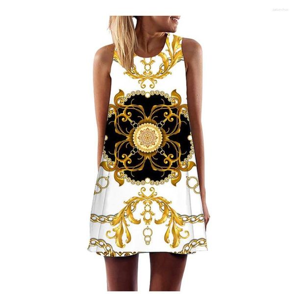 Vestidos casuais 2023 padrão dourado estampado com decote em bico sem mangas colete saia evasê feminino verão grande cintura larga vestido