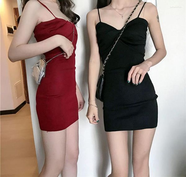 Lässige Kleider Sexy Party Strand Rotes Kleid für Sex Nacht Plissee Enge Hosenträger Damen Sommer Slim Kleidung Vintage