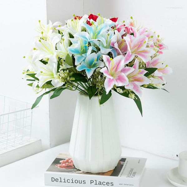 Dekorative Blumen, 34 cm, 7 Köpfe, künstliche Lilie, Hochzeit, Heimdekoration, Blumenfotografie, Requisiten, Seidenzubehör