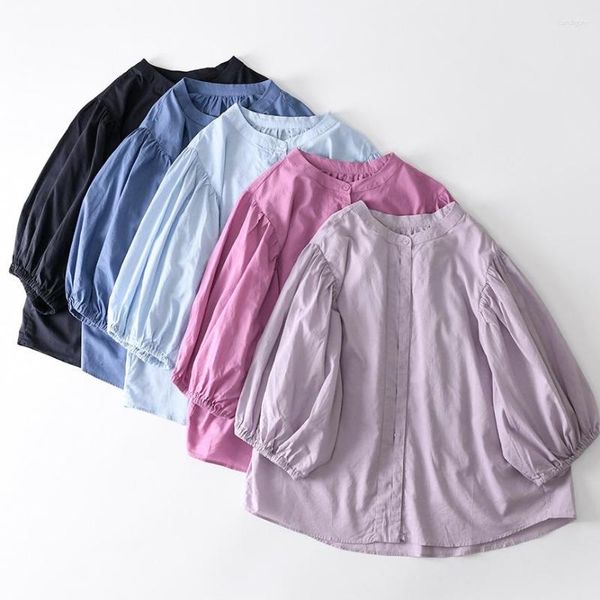 Blusas femininas de algodão manga comprida bufante 3/4 minimalista babydoll solta camisa preta 2023 verão escritório senhora doce all-match básico azul top