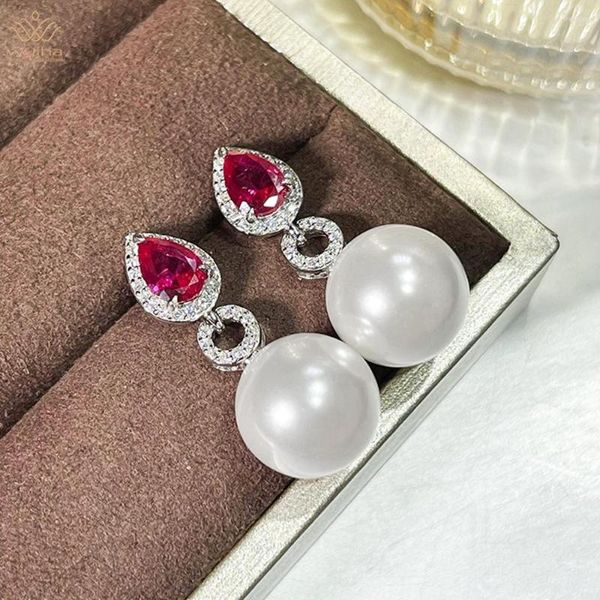 Orecchini a bottone WUIHA Luxury 925 Sterling Silver Pearl 12MM Rubino Zaffiro Gemma sfaccettata per le donne Regalo di anniversario Gioielli all'ingrosso