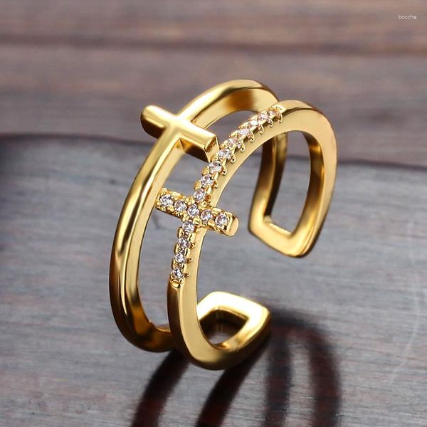 Anelli a grappolo Trendy 14K Real Gold Filling Doppio strato Croce per le donne Gioielli di alta qualità Zircone lucido Semplice regalo da indossare tutti i giorni