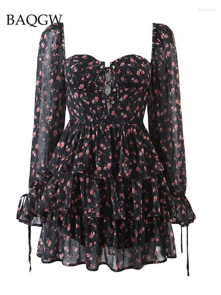 Vestidos Casuais Moda Feminina Estampado Floral Vintage Primavera Autum Chiffon Vestido Sexy Mesh-Sheer Manga Longa Em Camadas Folho Feminino Curto