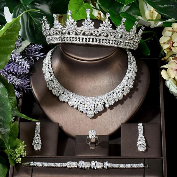 Colar Brincos Conjunto Moda Beleza Completo Design De Flores CZ Jóias 5 PÇS Atacado Coroa De Noiva Declaração Gargantilha Festa De Casamento N-1641