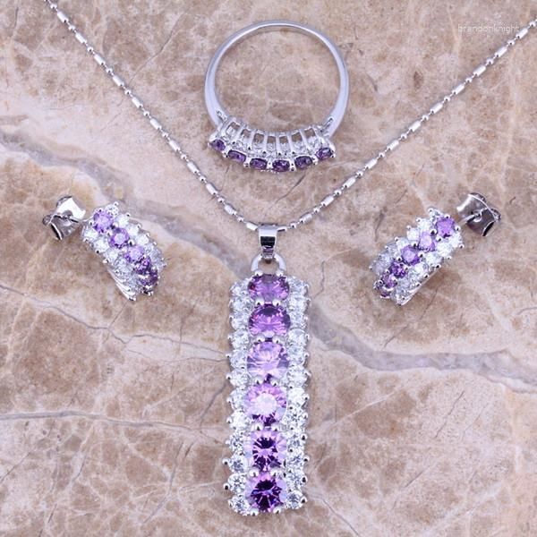 Collana Orecchini Set Marvelous Purple Cubic Zirconia White CZ Anello pendente placcato argento Taglia 6/7 8 9 10 S0154