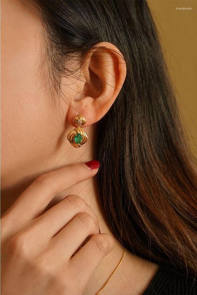 Brincos Pendurados Original Vintage Banhado a Ouro 18K Esmeralda Strass Ear Drop Stud Cuff Luxo Gemstone Acessórios Jóias