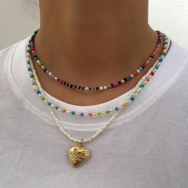 Anhänger Halsketten Große Metall Herz Weiße Perlen Halskette Für Frauen Mix Farbe Acryl Glas Reis Perle Strang Choker Kragen Boho schmuck