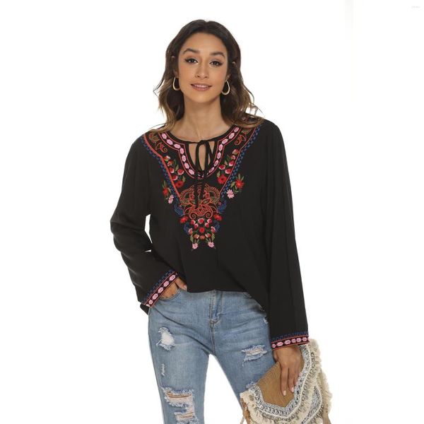 Damenblusen Eaeovni bestickte Oberteile Damen Bohemian-Hemd lockere Tunika Sommer Blumenstickerei Plus Size Mexiko