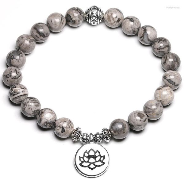 Strand Natural Grey Map Stone Charm Lotus Women Bracciale Uomo Energy Corda elastica Yoga Gioielli spirituali