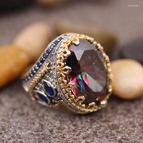 Обручальные кольца мужское ретро негабаритное цветное кольцо драгоценного камня с двумя тональными золото