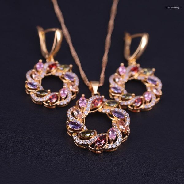 Серьги по ожерелью устанавливают Lucky Round Circle Красочный верхний циркон розовый золото цветовые украшения с подвеской большой продвижение по службе