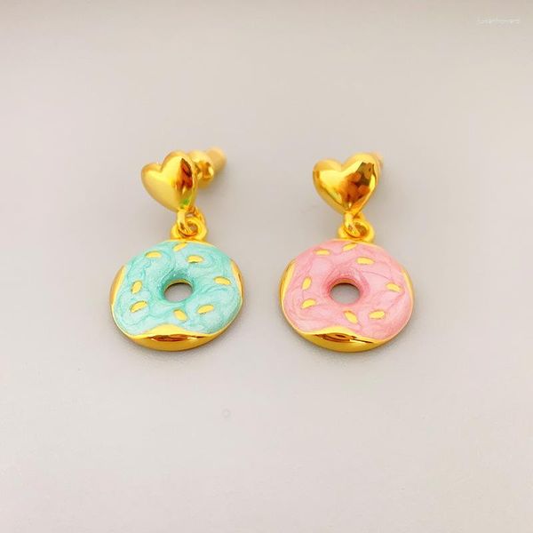 Brincos pendentes em formato de rosquinha com pingente de coração esmaltado óleo pingando verão meninas adorável lindo pingente de orelha