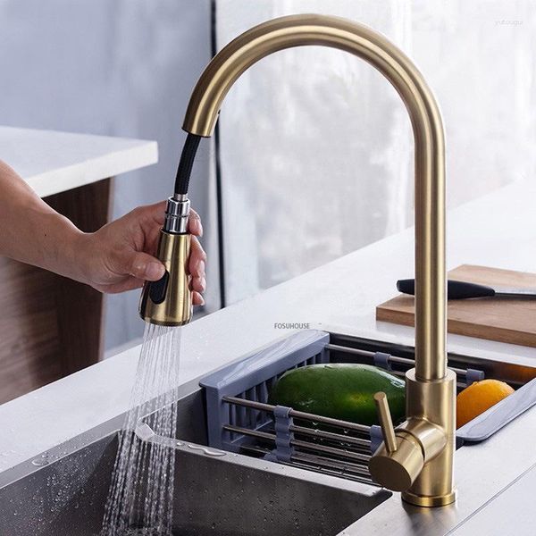 Torneiras de cozinha Light Luxury Gold Aço inoxidável Pull Down Torneira 360 Pulverizador Home Improvement Misturador de Água Frio Torneira