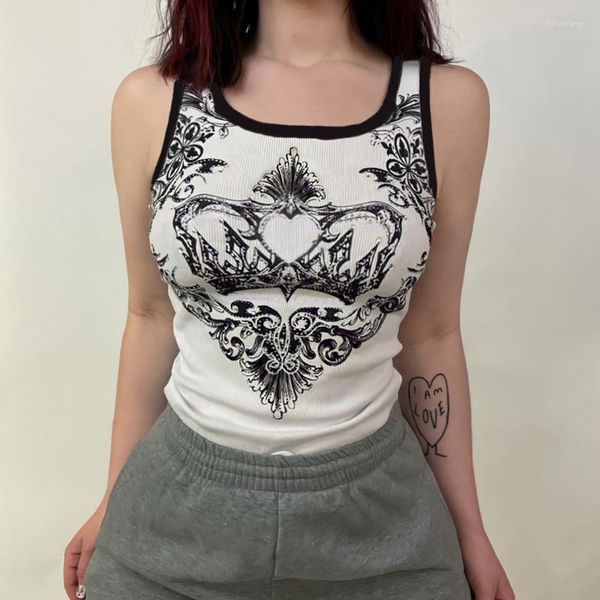 Regata feminina Tanks Goth Y2K estampada Menina Fairy Grunge Roupas Sem Mangas Patchwork Cropped T-Shirt Colete Feminino Bonito Gráfico com O-Neck Tee