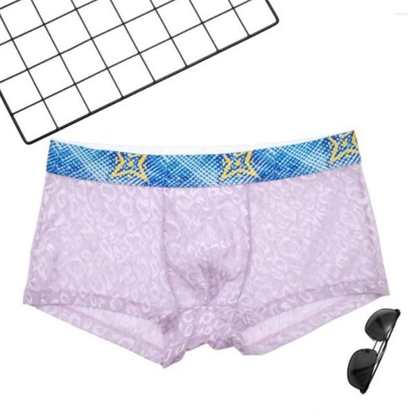 Cuecas masculinas malha leopardo transparente cintura baixa bolsa transparente cuecas boxer cuecas ultrafinas roupas íntimas transparentes eróticas para homens