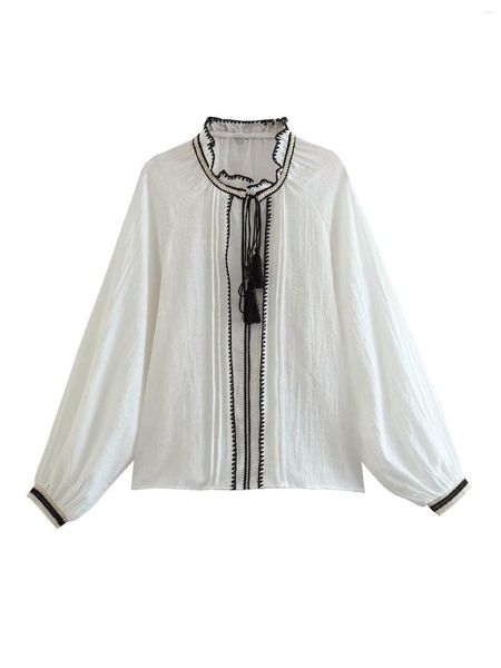 Camicette da donna Donna 2023 Moda dolce Ricami interamente in cotone Decorazione con volant Camicie femminili senza maniche vintage Chic Top